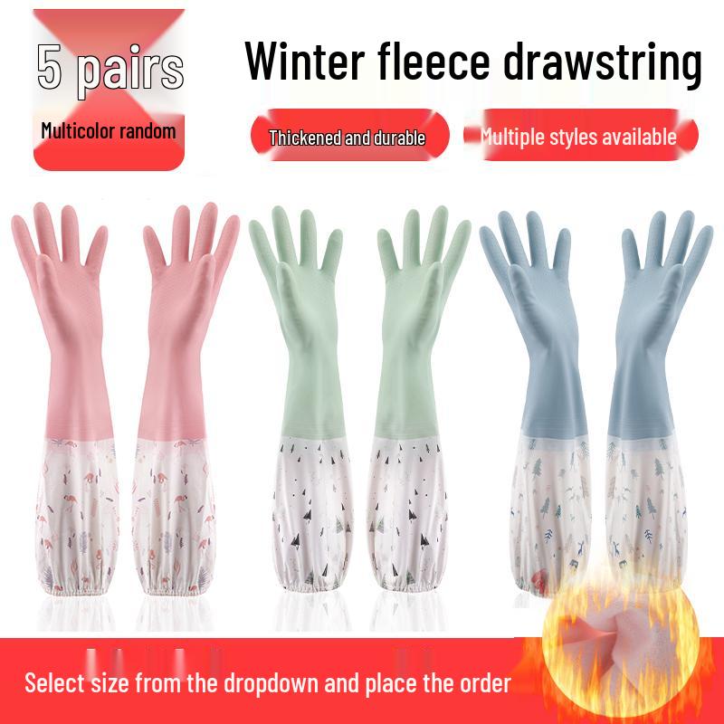 Damen-Robuste Wasserdichte Samtgefütterte Küchenhandschuhe für Hausarbeiten - Verdickt und Verlängert für Winterliches Geschirrspülen und Wäsche.