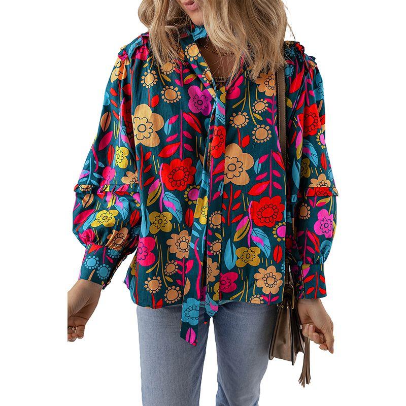 

2024 Spring New Arrival Florals Print Pullover Chiffon Shirt Female Fashion Temperament Commute Loose V-neck Long Sleeve Top LC25126809-P920 S code fits (45.00 kg-55.00 kg