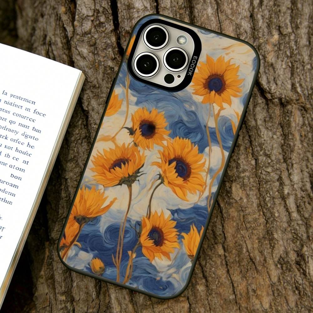 Sunflower Pattern Phone Case For iPhone 17,16,15,14,13,12,11 Plus,Pro Max,XS,Colored Silver Plated Inside Cover