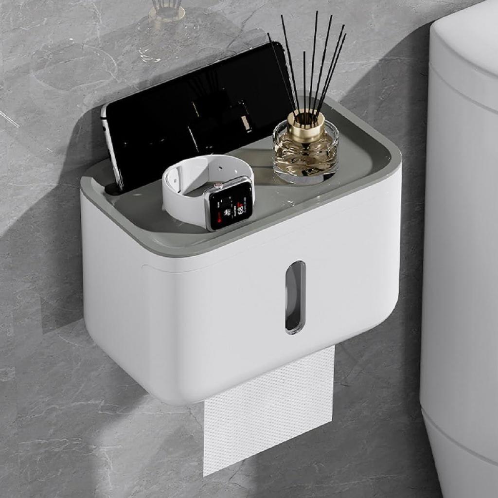 Bathroom with Mobile Stand, Wall Mounted Tissue Paper Holder, Toilet Paper Roll Holder for Bathroom, Bathroom Accessories (White)