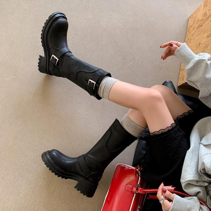 5.5CM Platform Combat Boots Women British Style Round Toe Chunky Heel Mid-Calf With Buckle Fall Winter