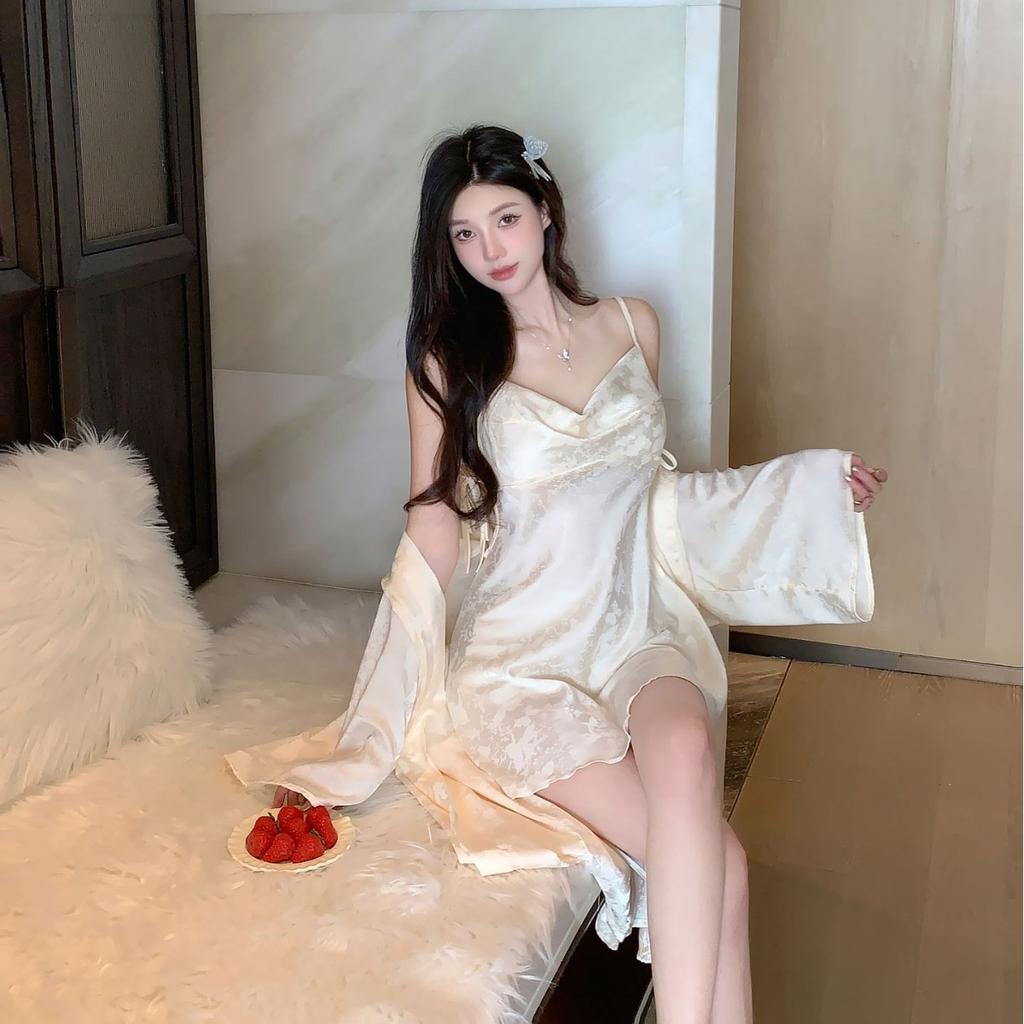 Sexy pajamas Women's Ice Ribbon chest pad New pure desire wind jacquard butterfly suspender nightgown nightgown silk loungewear
