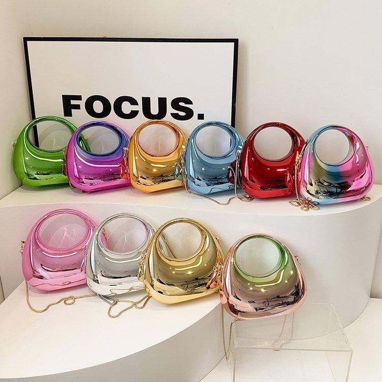 New Mini Gold Evening Handbag PVC Metallic Luster Half-moon Party Women's Bag Small and Versatile Round Handle Messenger Bag
