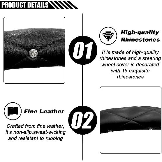 Diamond Soft Leather Bling Steering Wheel Cover, Universal Car Steering Wheel Protector with Crystal Rhinestones, 15 Inch Anti-Slip Interior