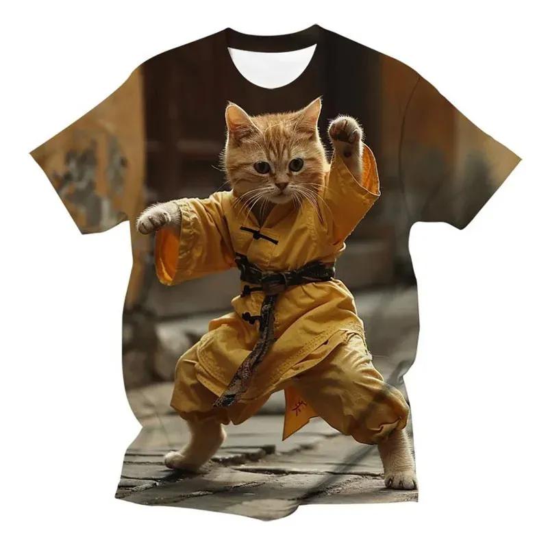 Kung Fu Cat 3D Print Graphic Kids Clothes Boy T-Shirt Fashion Casual Funny Animal Round Neck Short Sleeve Tops Girls Tee