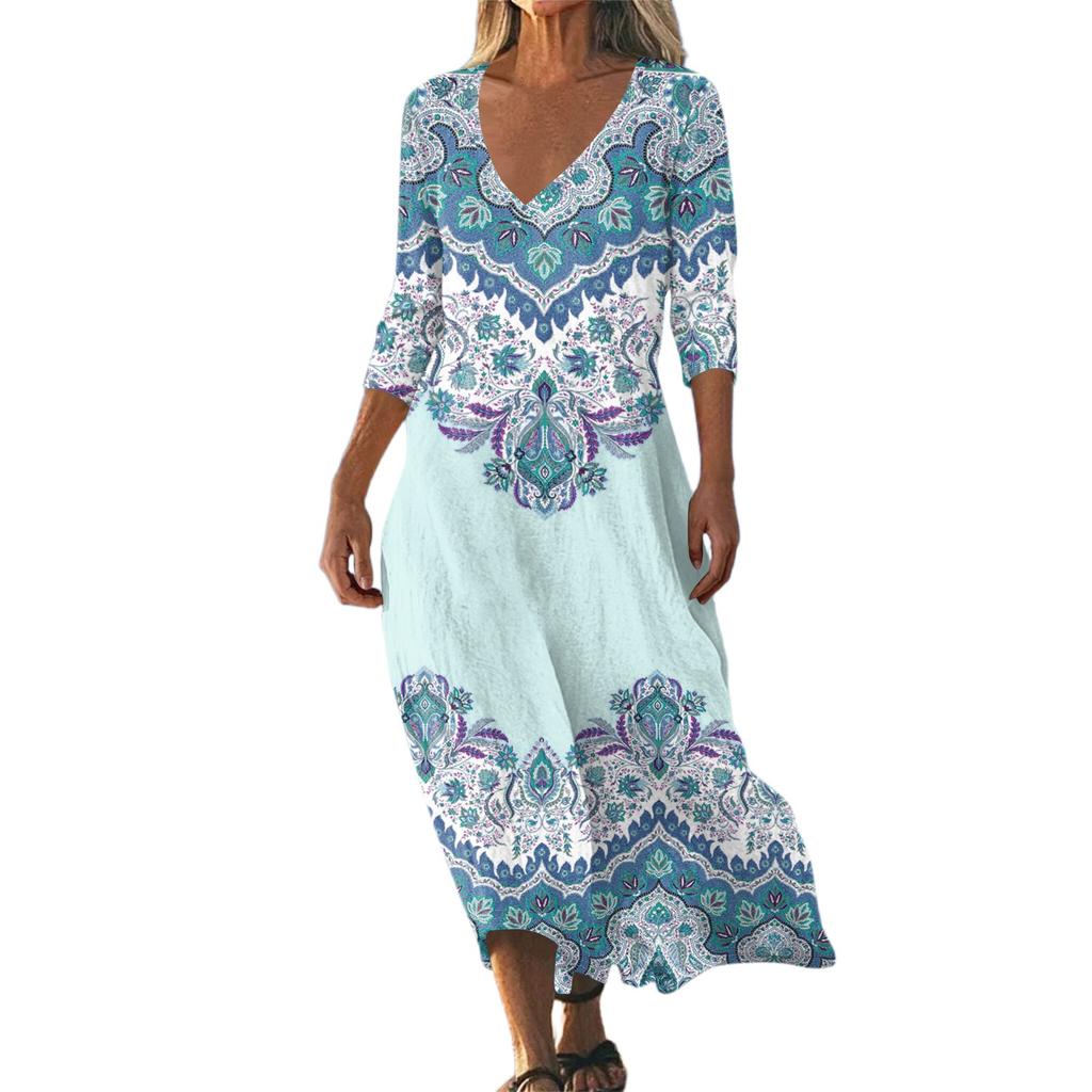 Dresses For Womens Vintage Print Tunic Waisted Midi Dress Summer Casual 3/4 Sleeve Dress