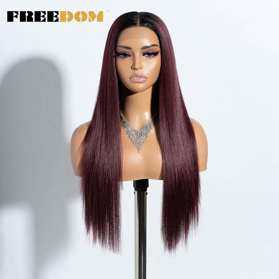 FREEDOM Synthetic Lace Front Wigs For Women Ombre Brown Blonde Wig Straight Lace Wig 28 Inch Heat Resistant Fantasy Cosplay Wigs