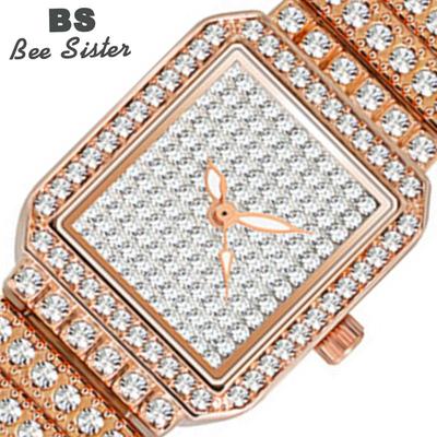 BEE SISTER BS Damen Quadratische Armbanduhren Kleid Gold Uhr Damen Kristalluhren Edelstahl Silber Quarzuhren FA0510B