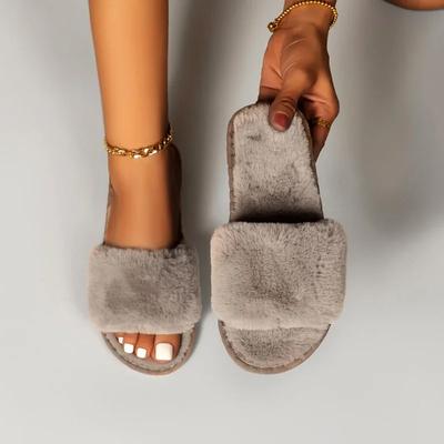Mode Fourrure Femmes Pantoufles Hiver Nouvelle Mode Peluche Bouche Peu Profonde Intérieur Extérieur Tongs Décontractées Chambre Couleur Unie Diapositives Chaussures Plates