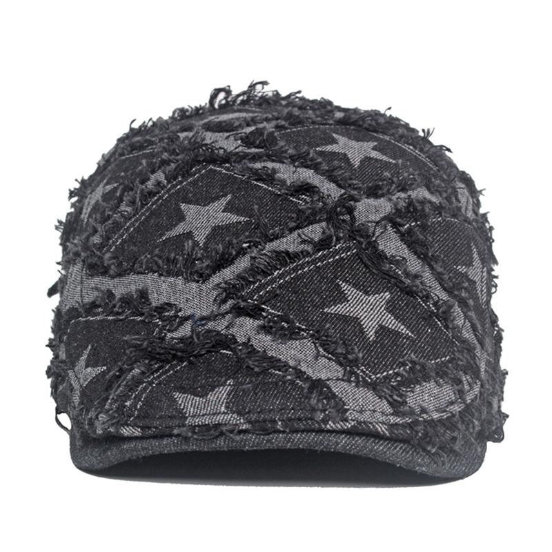 Women Denim Berets Hats Newsboy Caps Cotton 56-61cm Four Seasons Distressed Raw Edges Star Pattern Fashion Hat