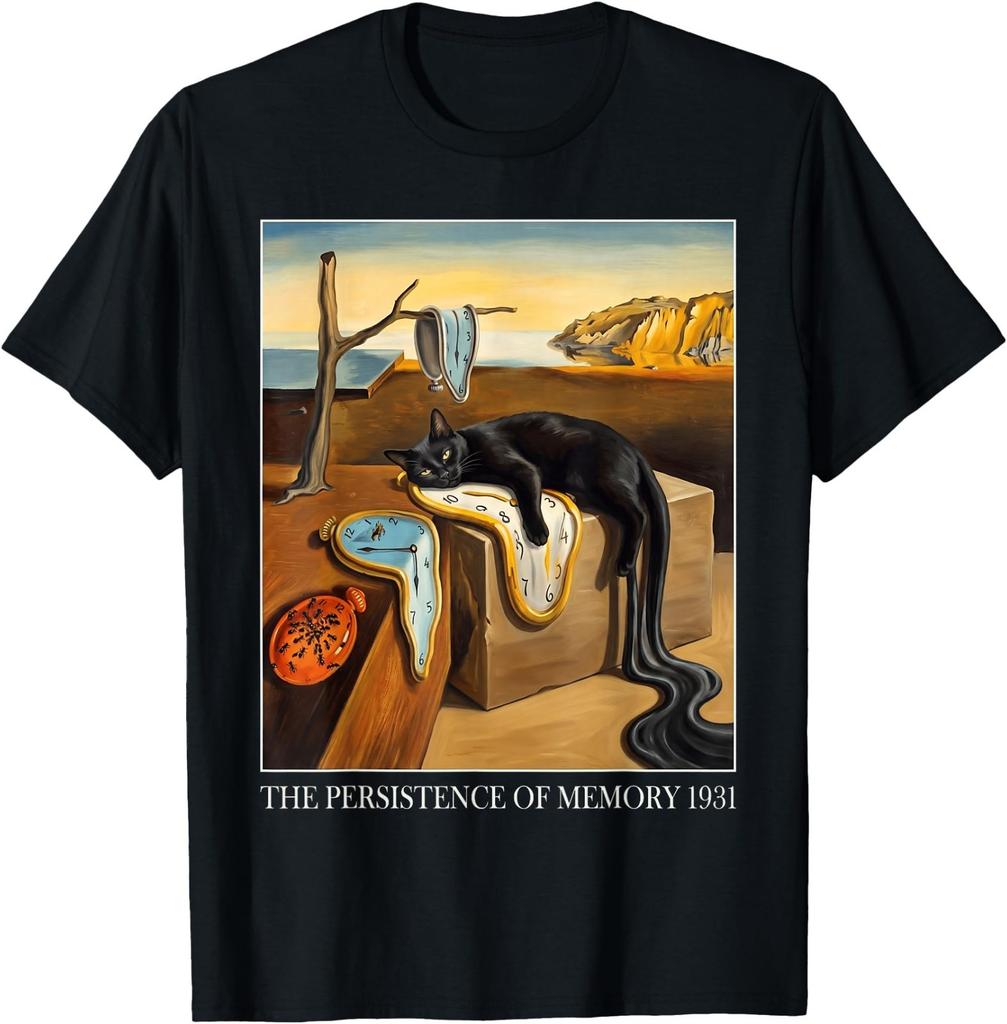 Funny The Persistence of Memory Black Cat Melting Clock Art T-Shirt