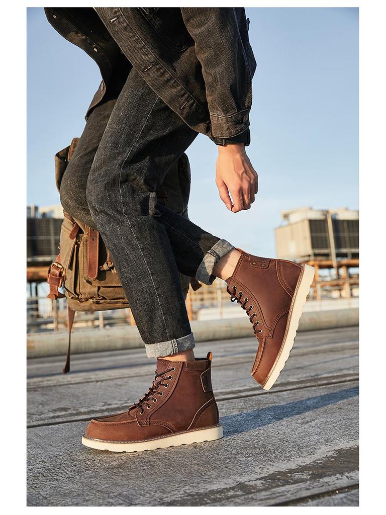 Herren Amerikanische Retro 875 Khaki Leder Martin Stiefel - Britischer Stil Mid-Cut Gelbe Arbeitsstiefel