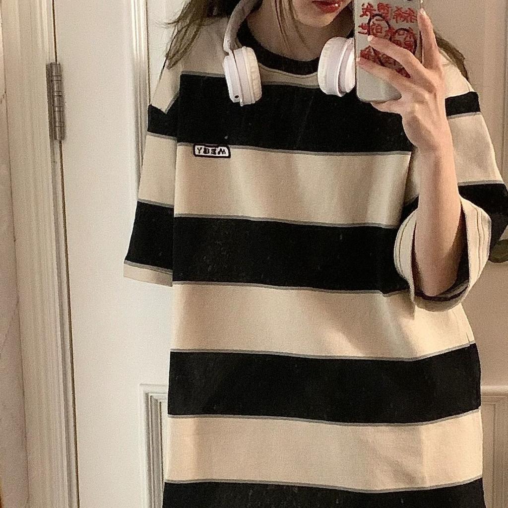 Summer Striped t-Shirts Women Harajuku Streetwear Oversized Shirt Short Sleeve Casual T Shirt Pure Cotton Y2k Tops Female Blouse