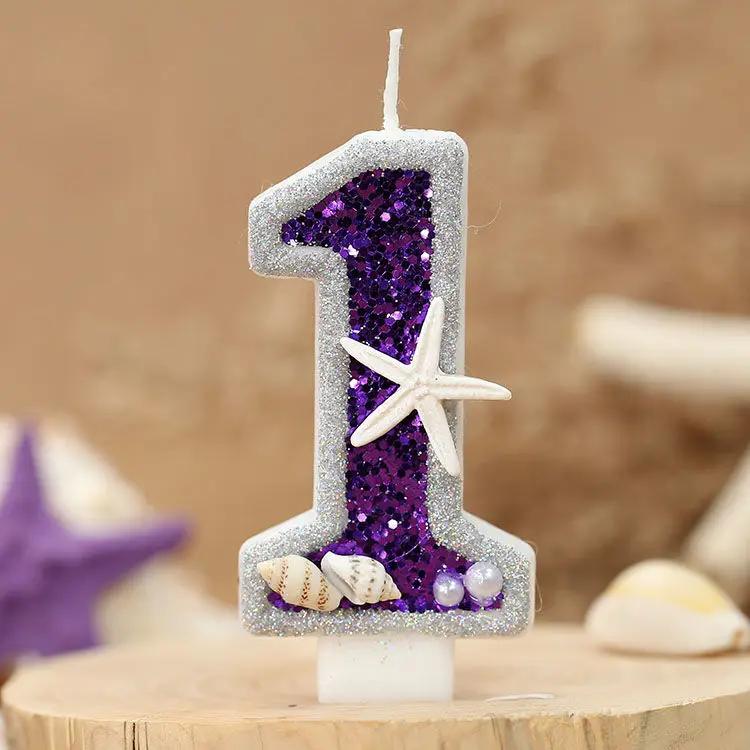 Original Birthday Number Candles Sparkling ocean Candle 2 Years for Cake Topper Decoration Purple Pure Bee Honey Candles
