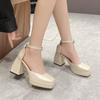 Large Size Women's Shoes 2025 Wide Fat Summer New Single Shoes Thick Heel High Heels Sandals French Mary Jane Small Leather Shoes