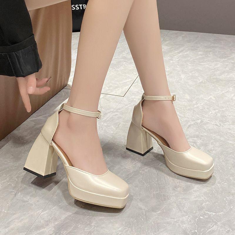 Large Size Women's Shoes 2025 Wide Fat Summer New Single Shoes Thick Heel High Heels Sandals French Mary Jane Small Leather Shoes