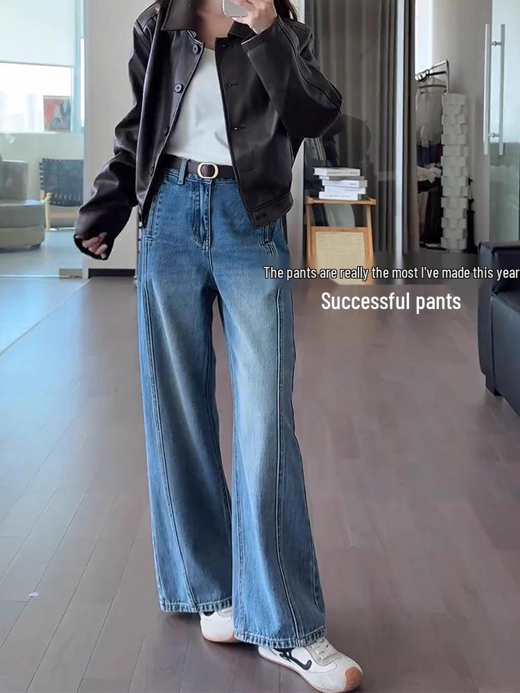 Women s 2025 Retro Blue Jeans: Plus Size High Waist, Loose Slimming Drape, Wide Leg Straight Pants XL синий