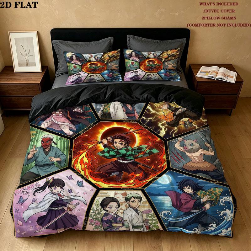 Demon Slayer Kimetsu No Yaiba Pattern Bedding Quilt Set Quilt Cover Pillowcase Home Birthday Gift(1 * Duvet Cover + 2 * Pillowcase, Without Core)