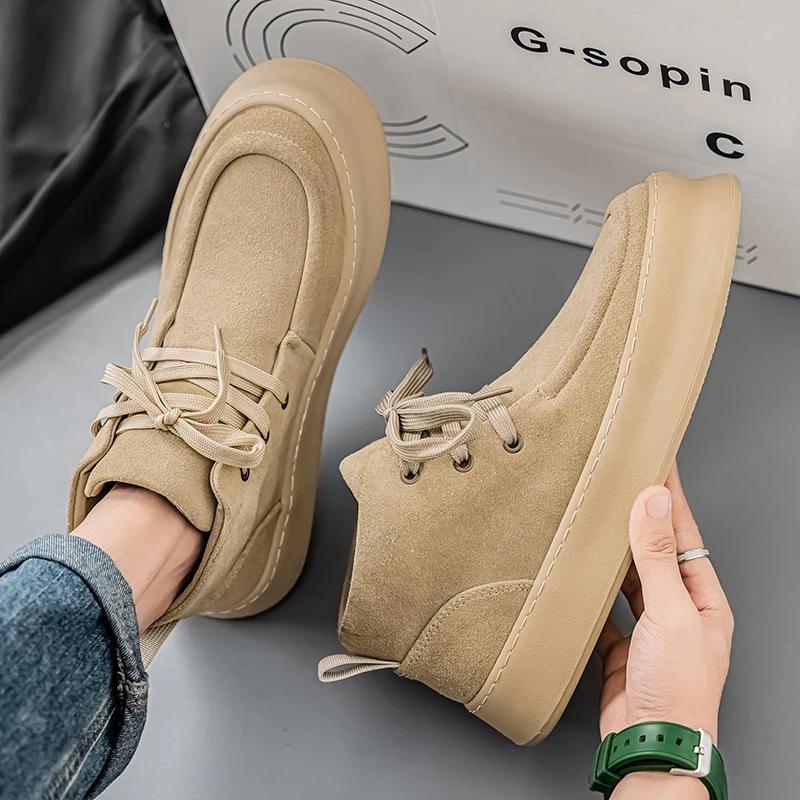 Fashion Men Genuine Leather Thick Bottom Boots Casual Leather Soft Sole Shoes Comfy Outdoor Classical Ankle Boots Casual Lace-Up Shoes