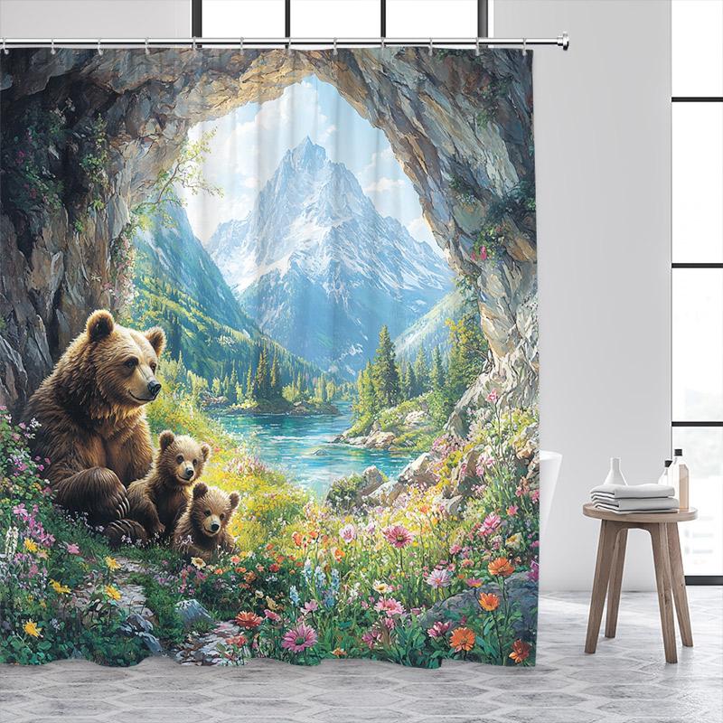 Wild Brown Bear Shower Curtains Nature Cave Animals Mountain Lakes Plants Flowers Bath Curtain Home Bathroom Decor with Hooks
