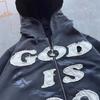 Sudadera Unisex Streetwear con Bordado God Is Good Estampado Flocado Corte Oversize Manga Larga Negra