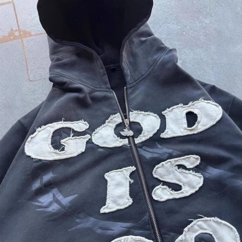 Sudadera Unisex Streetwear con Bordado God Is Good Estampado Flocado Corte Oversize Manga Larga Negra