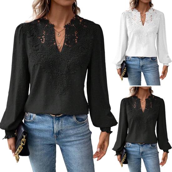 Women Short V-Neck Half Open Collar Lace Stitching Long-Sleeved Shirt Solid Color Loose Fit Pullover