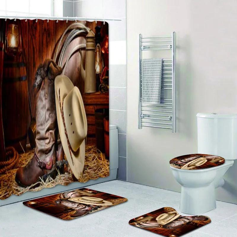 Rustic Western Cowboy Shower Curtain Set American Country Music Bathroom Curtain Set Bath Mat Rug Carpet Bathtub Accessories