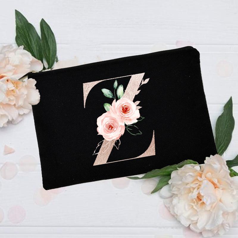 Borsa per il trucco floreale con alfabeto, damigella d'onore, damigella d'onore, festa, matrimonio, addio al nubilato, regalo, in tela, con cerniera, per cosmetici