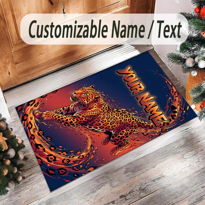 Leopard Theme Crystal Velvet Floor Rug Personalized Custom Name Text Warm Carpet Home Decoration