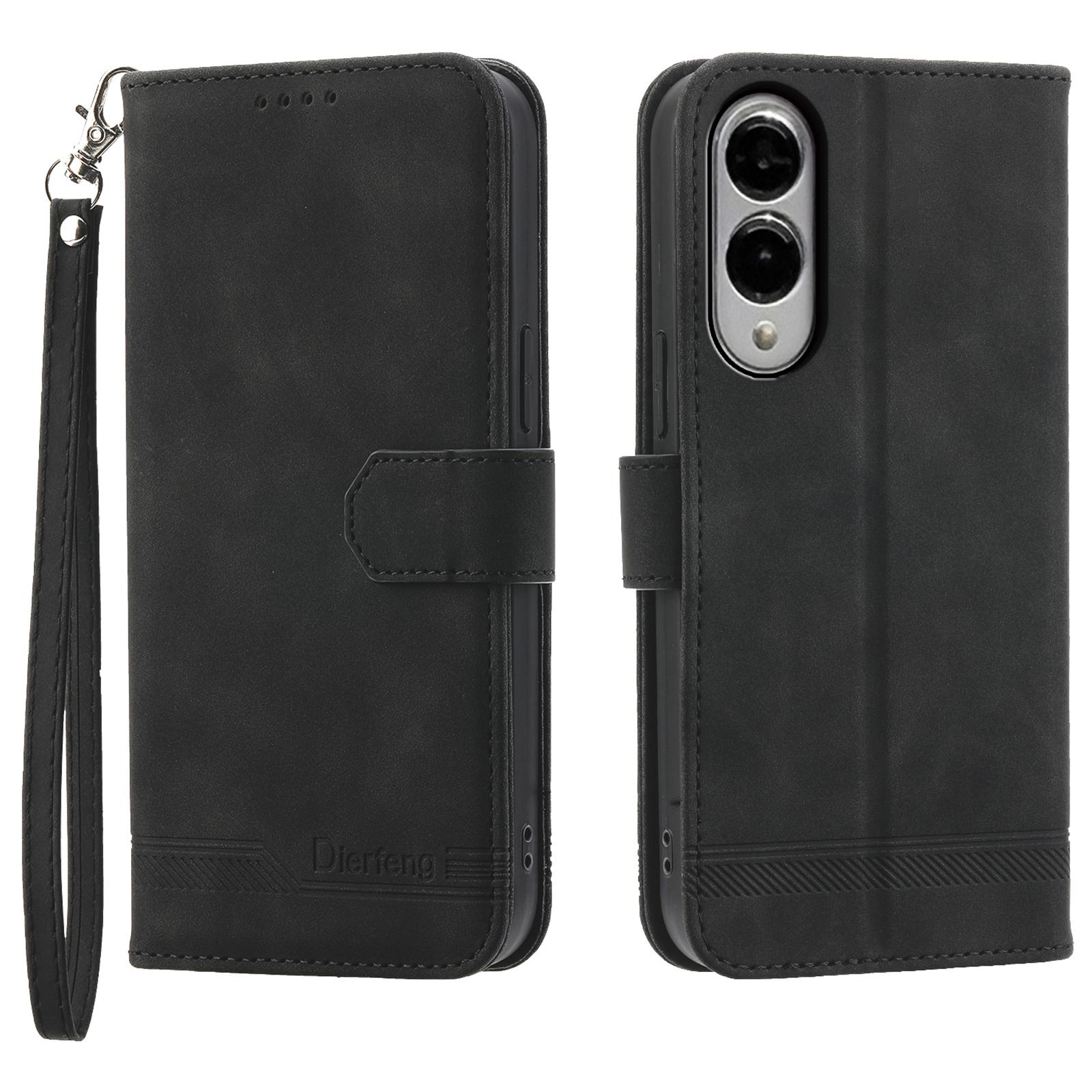 

DIERFENG DF-03 For Samsung Galaxy S25 Edge Leather Case Lines Imprint Wallet Phone Cover Black