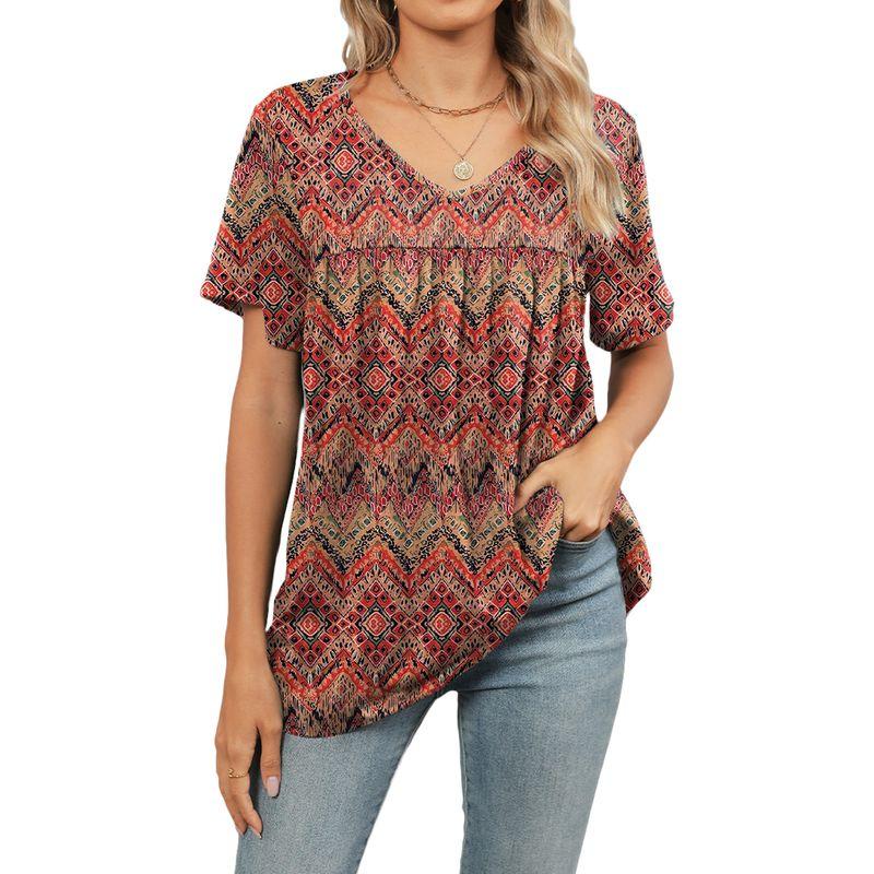Short-Sleeve V-neck Short-Sleeve Top European and American Flower Short sleeve T-shirt Top Women