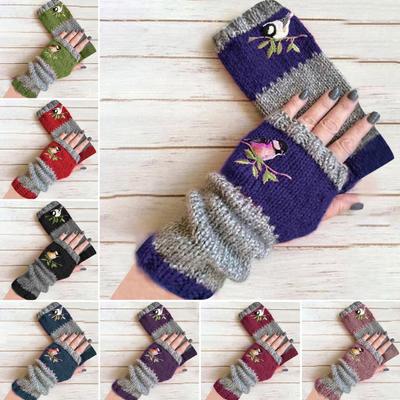 1 Pair Fall Winter Gloves Fingerless Knitted Bird Embroidery High Elasticity Non-slip Arm Warmers