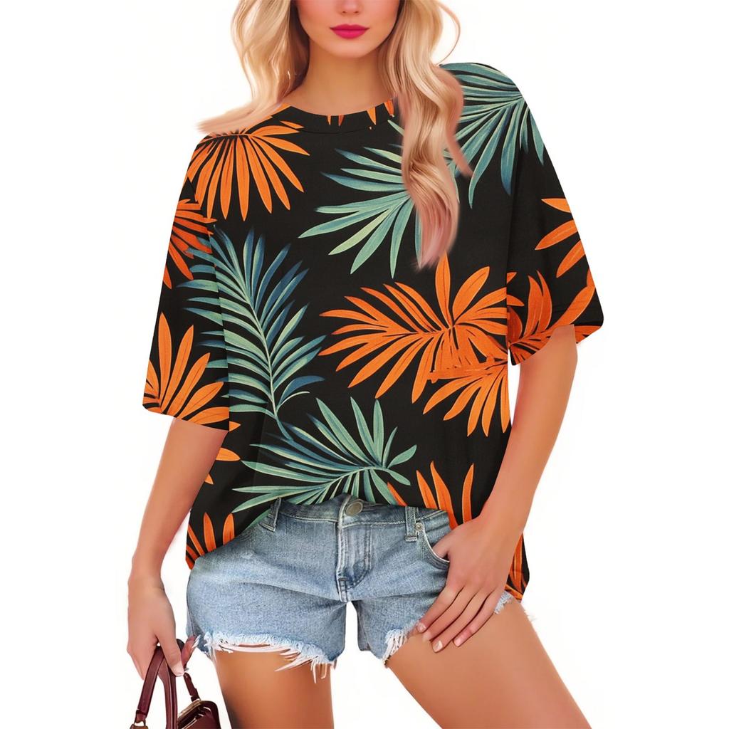 Women's Fashion Casual Floral Loose Round Neck Short Sleeve Trendy Holiday T-shirt Top