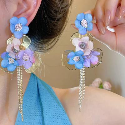 Summer Sweet Colorful Floral Rhinestone Chain Tassel Stud Earrings Mori Fresh Ins Atmospheric Premium Texture Women Pierced Ear Jewelry