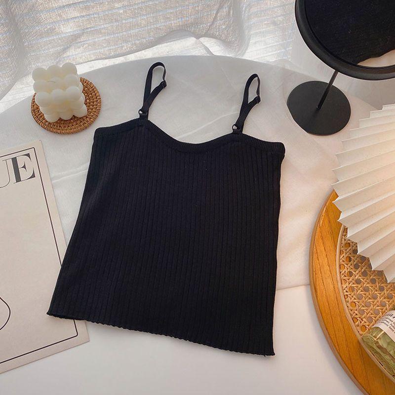 Summer Wear Versatile and Slim Fitting Camisole Top with Solid Color and Simple Knit Vest Inside