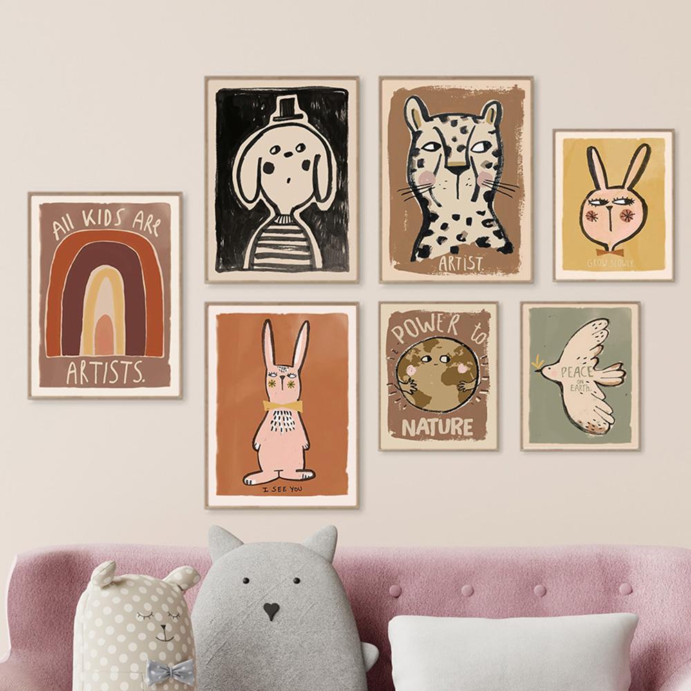 Funny Animal Rabbit Dove Cartoon Wall Art Canvas Painting Nordic Retro Nursery Decorate Poster Print Picture Kid Room Home Decor