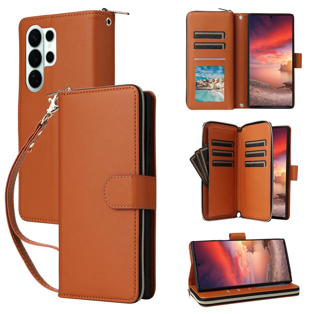 For Samsung Galaxy S26 Ultra Case 9 Card Slots Zipper Pocket PU Leather Phone Cover with Wrist Strap