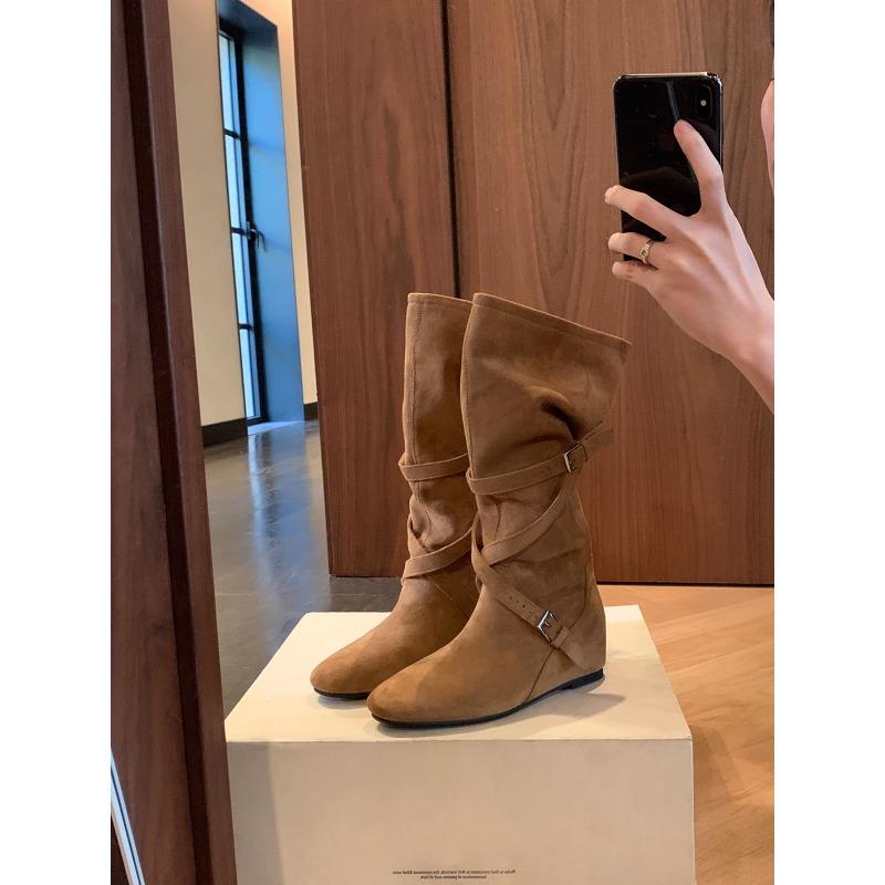 

Round head flat bottom suede stacking boots women s new retro versatile belt buckle heightened and thin medium boots 35 хаки