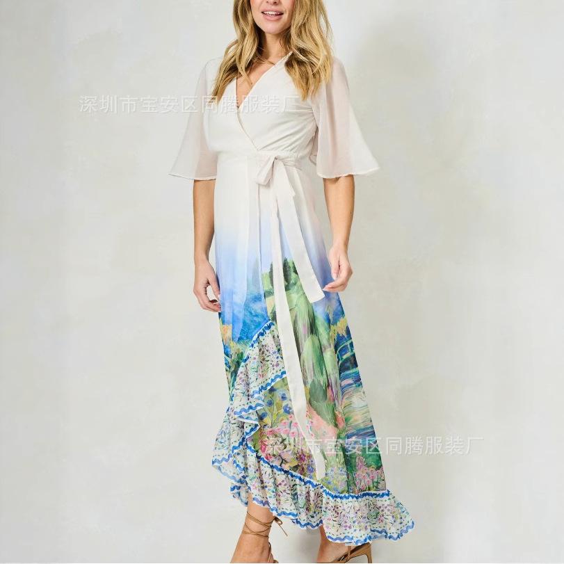 Europe And The United States Popular V-Neck Sexy Belt Waist Watercolor Chiffon Medium And Long Dress
