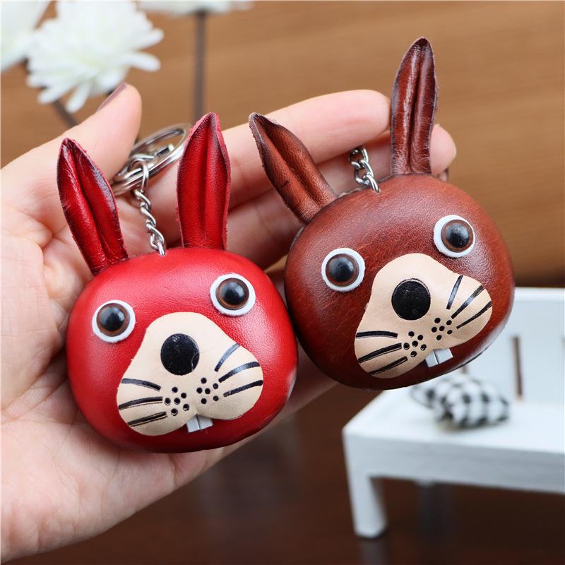 The First Layer Of Cowhide Bunny Keychain Pendant Motorcycle Car Key Chain Accessories Bag Pendant Cute Trendy