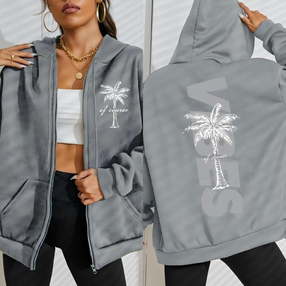 Summer Beach Vibes Coconut Tree Prints Women Zipper Hoodie Fashion Loose Hoody Soft Casual Sportswear Autumn Clothing