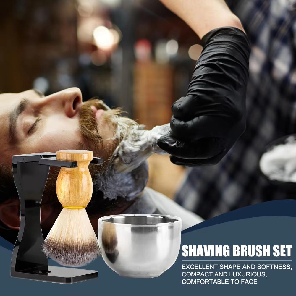 3 In 1 Shaving Brush Set with Acrylic Stand Stainless Steel Bowl Beard Grooming Kit for Men