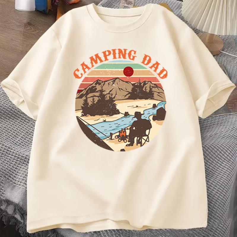 Outdoor Camping Dad T‑shirt "Camping Dad" Vintage Sunset Mountain Design Casual Short Sleeve Mens Tee Fathers Day Gift
