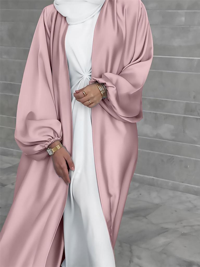 Elegant 2026 Satin Puff Sleeve Cardigan Dress for Women - Middle Eastern Fashion