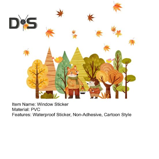 Cartoon Static Window Cling Maple Leaves Fox Animal Sticker Rustic Waterproof Non-Adhesive Sticker Glass Cling for Bedroom Children's Room Bathroom