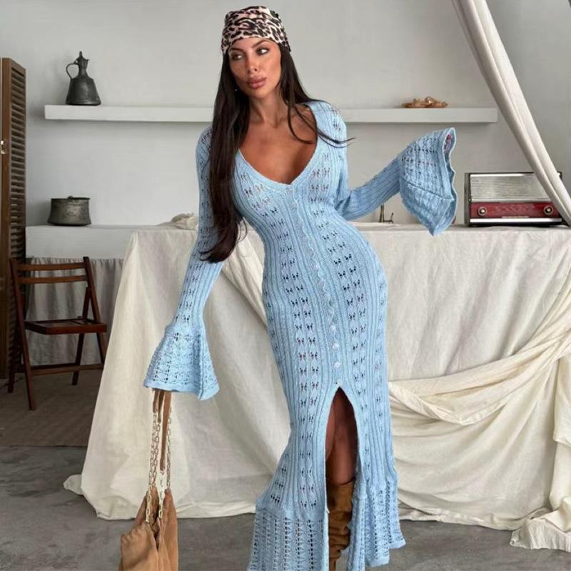 A New Solid-color Long Knitted Cardigan with Hollowed-out Flared Sleeves and A Laid-back V-neck Women's Blouse