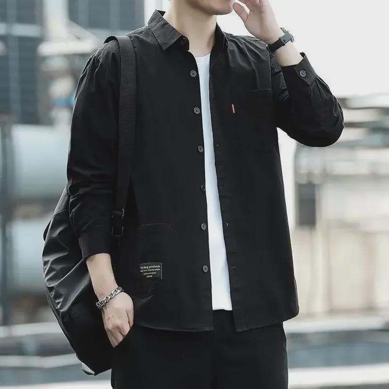 Pánská japonská retro košile s dlouhým rukávem, volným střihem a moderními kapsami