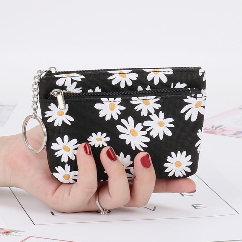 

1 шт. Маленький кошелек, мини-держатель для карт для женщин и девочек, принтованный цветочными маргаритками, кошелек для монет, сумка для монет из искусственной кожи на молнии