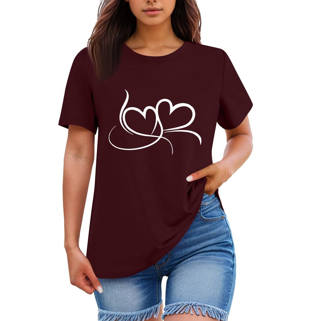 Ladies' Loose Comfortable Casual Fashionable  Heart Pattern Printed Round Neck Short Sleeved Shirt